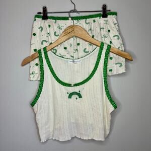 Love Peace & Lazy Days Cotton Bow Pointelle Pajama Set Crop Tank Shorts XL